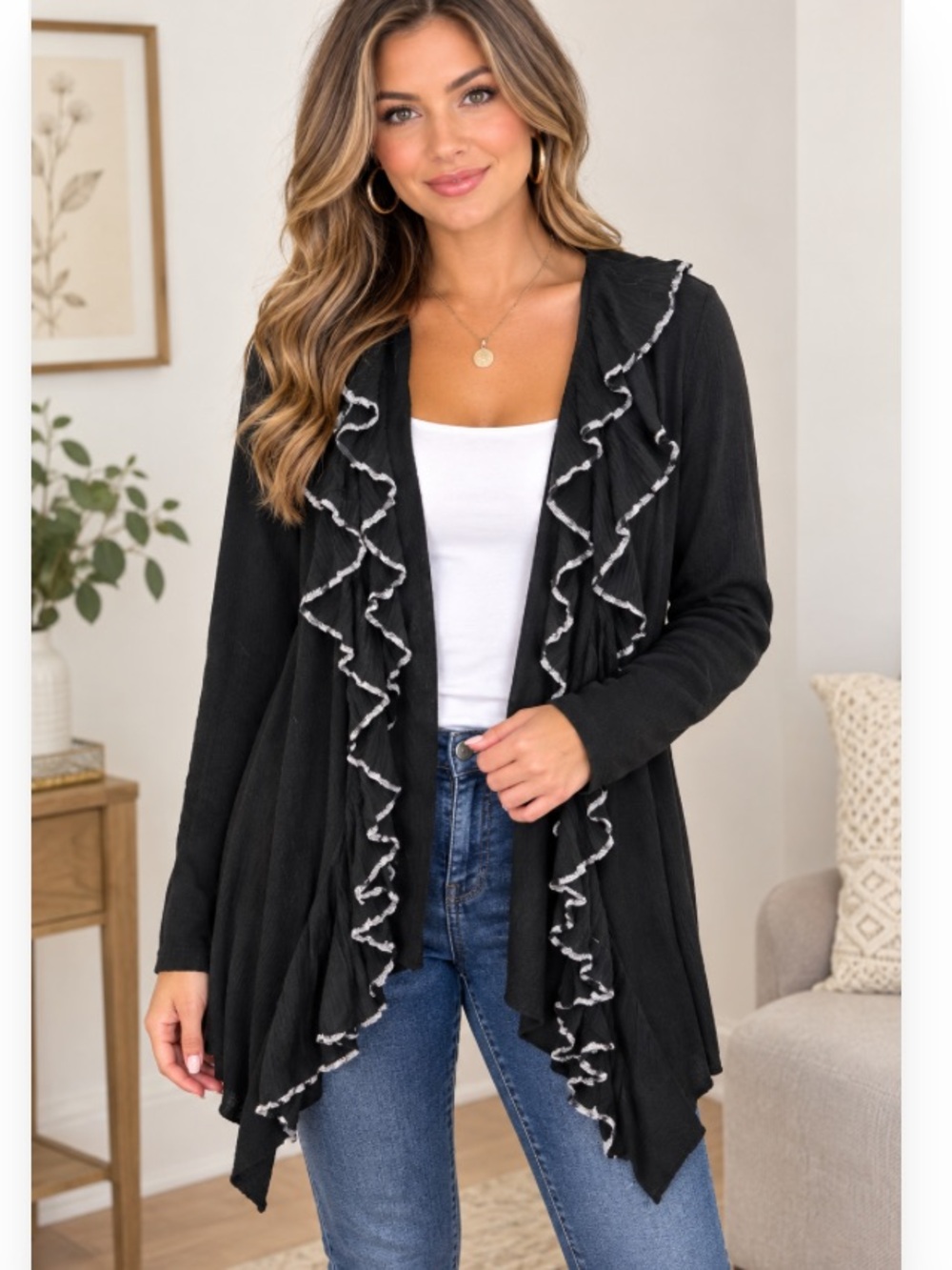 Red BRuffle-Trim Women's Sweater Cardigan size Medium Black